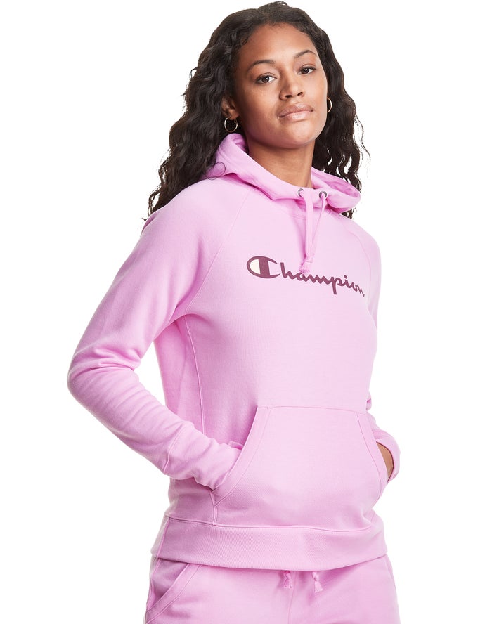 Champion Womens Hoodie NZ - Powerblend Fleece Script Logo Pink ( 1958-BMDEA )